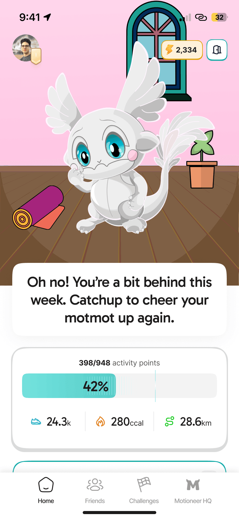 Motion weekly fitness goal + tamagotchi style pet