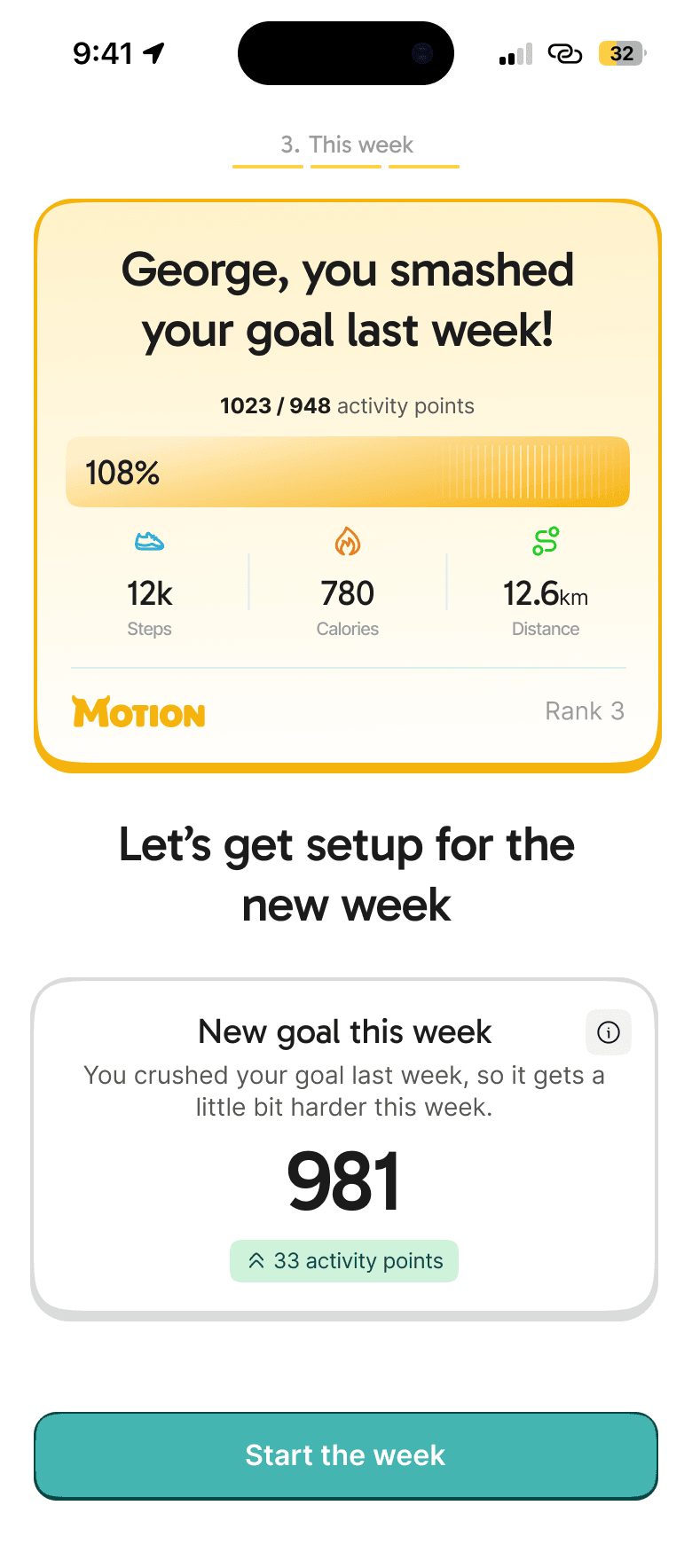 Motion weekly fitness goal + tamagotchi style pet