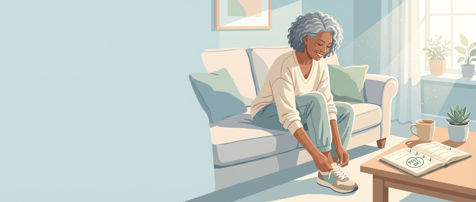 Woman sitting on couch tying her trainers, with a planner showing rest day and a cup of tea nearby