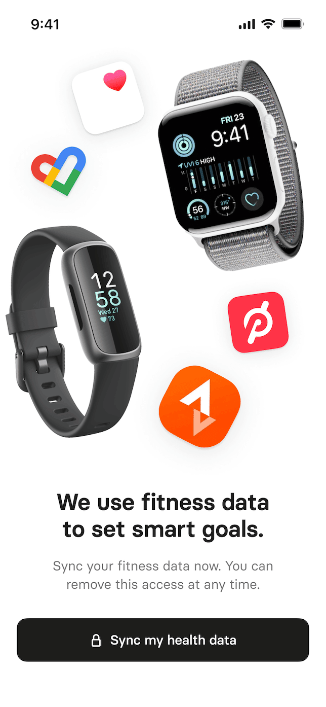 Motion fitness app screen showing integration with apple watch, fitbit, google health, apple health, peloton and strava.