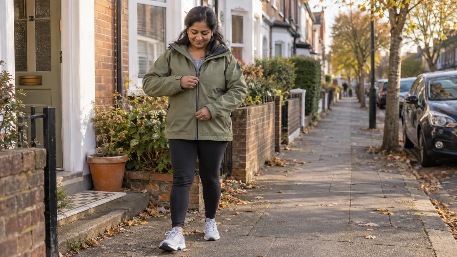 A woman getting ready to leave home for a short autumn walk.