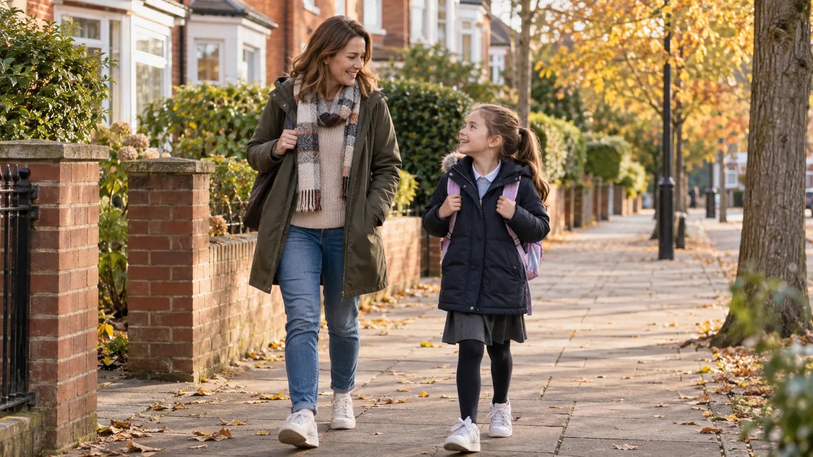 A mum and her child walking together on a leafy autumn path