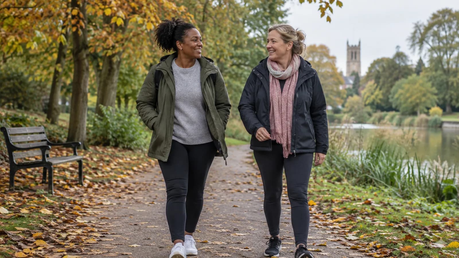Two women walking together on a tree-lined path in autumn.