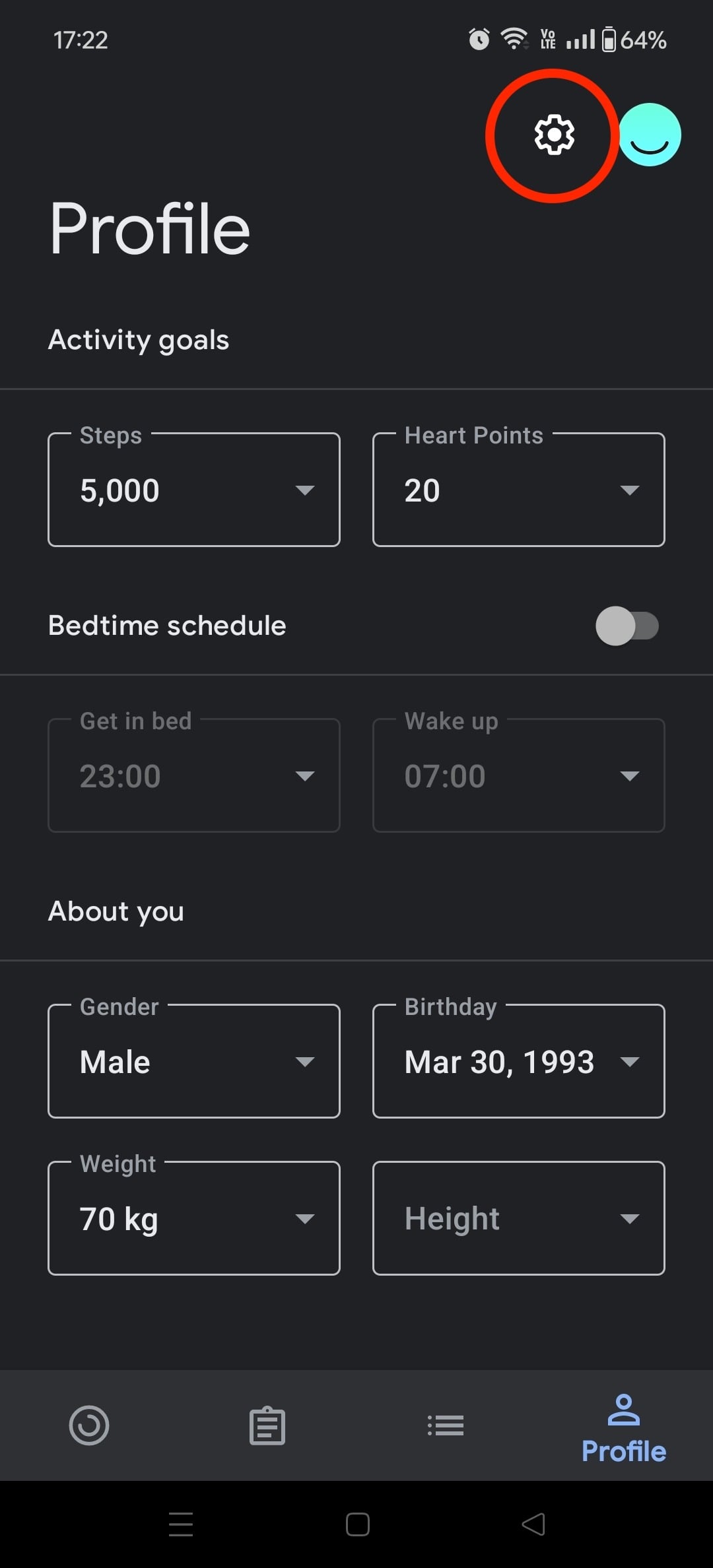 Settings menu